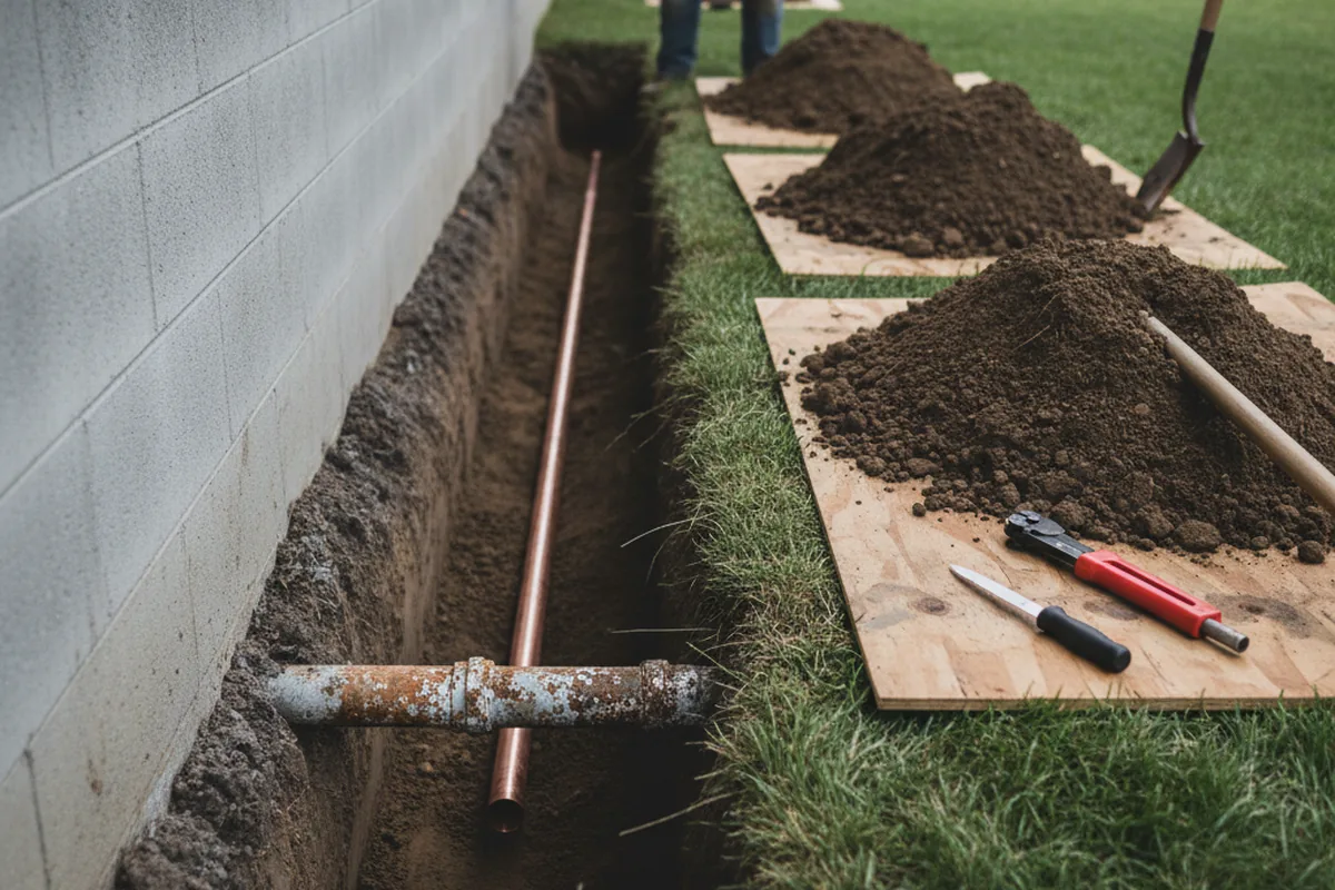Excavated water line trench during Water Heater Repair in Elizabeth City
